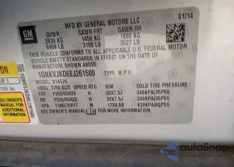 2014 Chevrolet Traverse Ltz from USA, damaged, VIN 1GNKVJKD6EJ261500